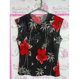 COIN y2k tiki hibiscus 🌺 shiny Red Floral Sequin Black Sleeveless Top